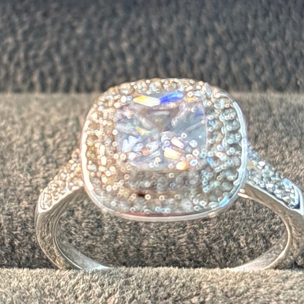 Ring Cubic Zirconia Double Halo Cushion Cut Engagement New - Picture 2 of 3